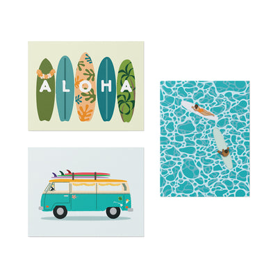 Set of four cards featuring surfboards, a van with surfboards, and people in the water on a blue wave pattern.