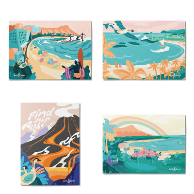Set of four colorful artwork prints featuring scenic landscapes and abstract designs.
