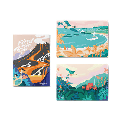 Set of three colorful greeting cards with nature-themed designs on a white background.
