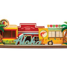 Load image into Gallery viewer, Colorful 3D sign of a Hawaii surf shop, shave ice stand and shrimp truck with palm trees and &#39;Aloha&#39; text on a white background
