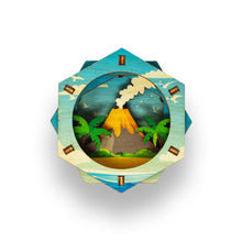 Load image into Gallery viewer, Decorative wall art with a volcano and tropical landscape design on a white background

