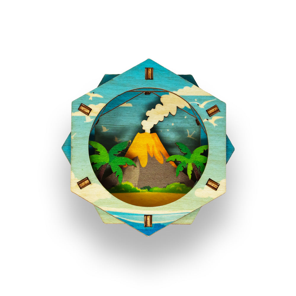 Decorative wall art with a volcano and tropical landscape design on a white background