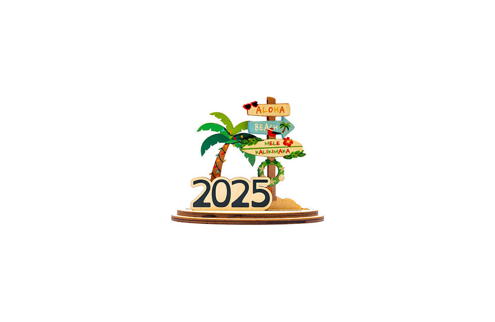 3D holiday sign with festive directional sign, '2025' and palm tree design on a white background