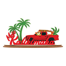 Load image into Gallery viewer, Decorative sign with a red truck, Santa Claus, and palm trees featuring &#39;Mele Kalikimaka&#39; text.
