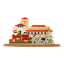 Load image into Gallery viewer, 3D sign of Honolulu Hale building with Shaka Santa and Mrs Clause characters and &#39;Aloha&#39; sign on a white background
