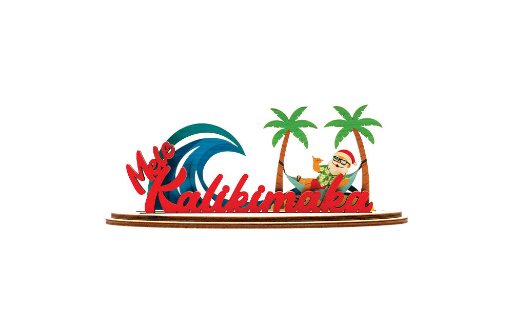 Decorative 3D holiday sign with 'Mele Kalikimaka' script, Santa Claus in a hammock, a blue wave and palm trees on a white background