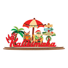 Load image into Gallery viewer, Decorative 3D holiday sign with Santa Claus and Rudolph under a beach umbrella, a Christmas palm tree, and festive directional sign on a white background
