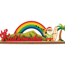 Load image into Gallery viewer, Decorative sign with a rainbow, palm tree, Diamond Head and tropical Santa Claus figure with &#39;Mele Kalikimaka&#39; text.
