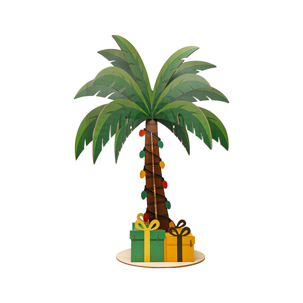 Wood cutout palm tree with Christmas lights and presents on a white background