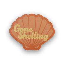 Load image into Gallery viewer, Seashell-shaped sign with 'Gone Shelling' text on a white background
