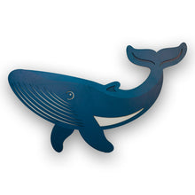 Load image into Gallery viewer, Blue whale-shaped wood wall decor on a white background
