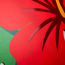 Load image into Gallery viewer, Close-up of a red hibiscus flower with green leaves on a textured wood surface with varnish effect

