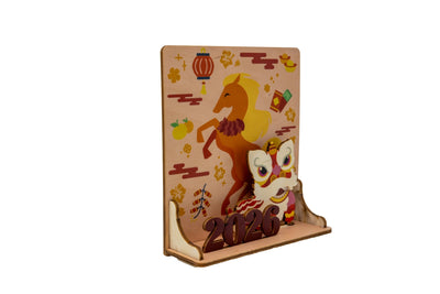 3D decorative item with 2026 and Year of the Horse and Chinese Lion illustration on a festive Lunar New Year themed background