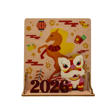 Load image into Gallery viewer, 3D decorative item with 2026 and Year of the Horse and Chinese Lion illustration on a festive Lunar New Year themed background
