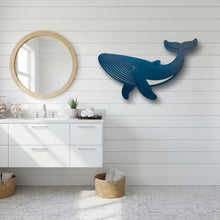 Load image into Gallery viewer, Bathroom with white vanity, round mirror, and blue whale wall decoration.
