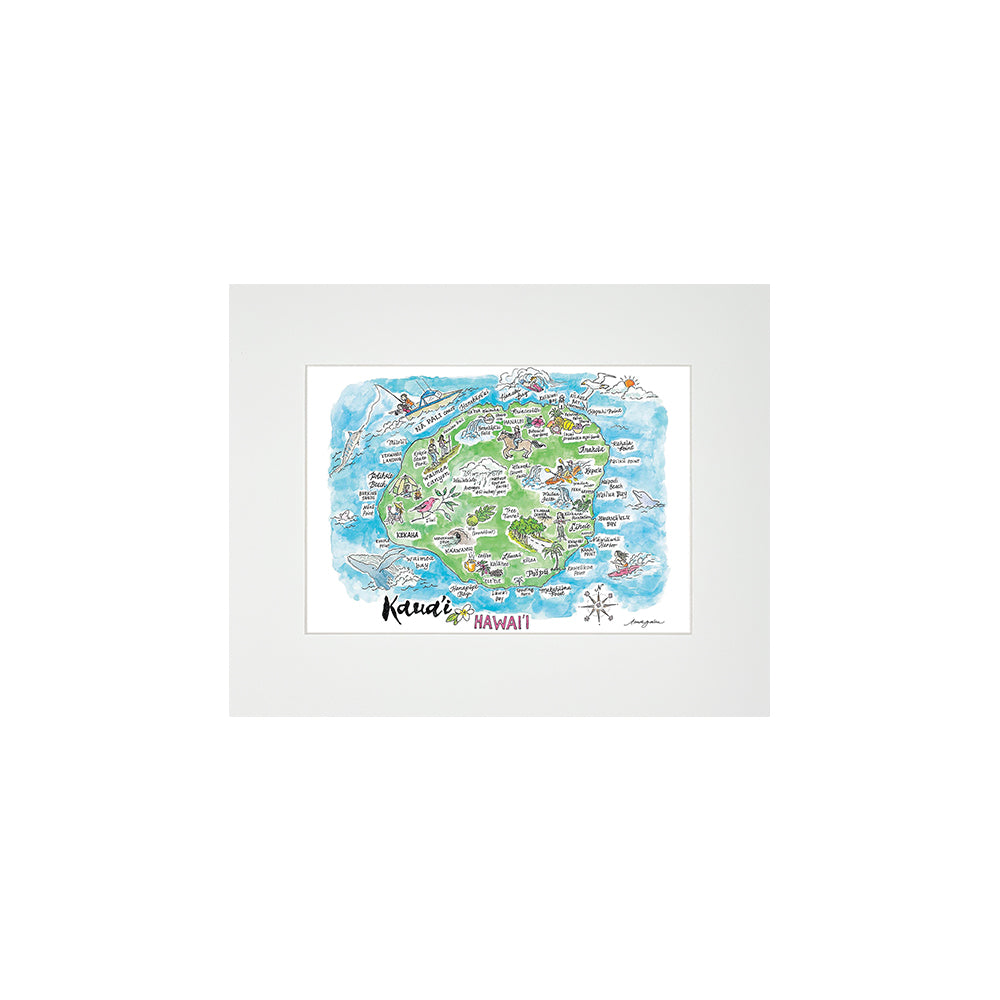KAUAI WATERCOLOR MAP MATTED PRINT