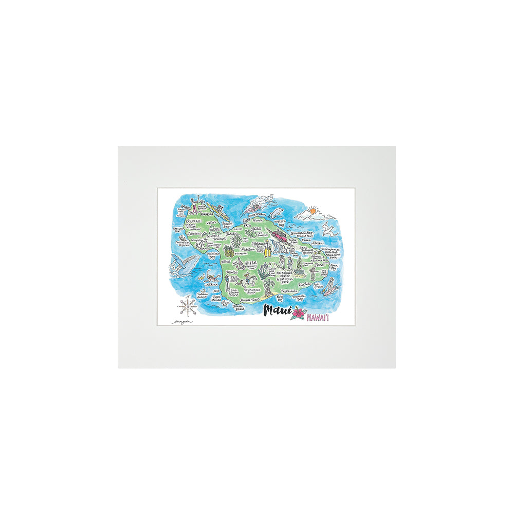 MAUI WATERCOLOR MAP MATTED PRINT
