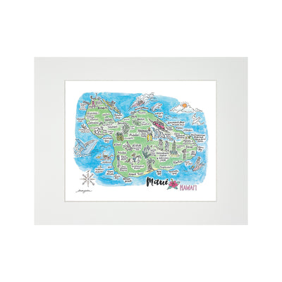 MAUI WATERCOLOR MAP MATTED PRINT