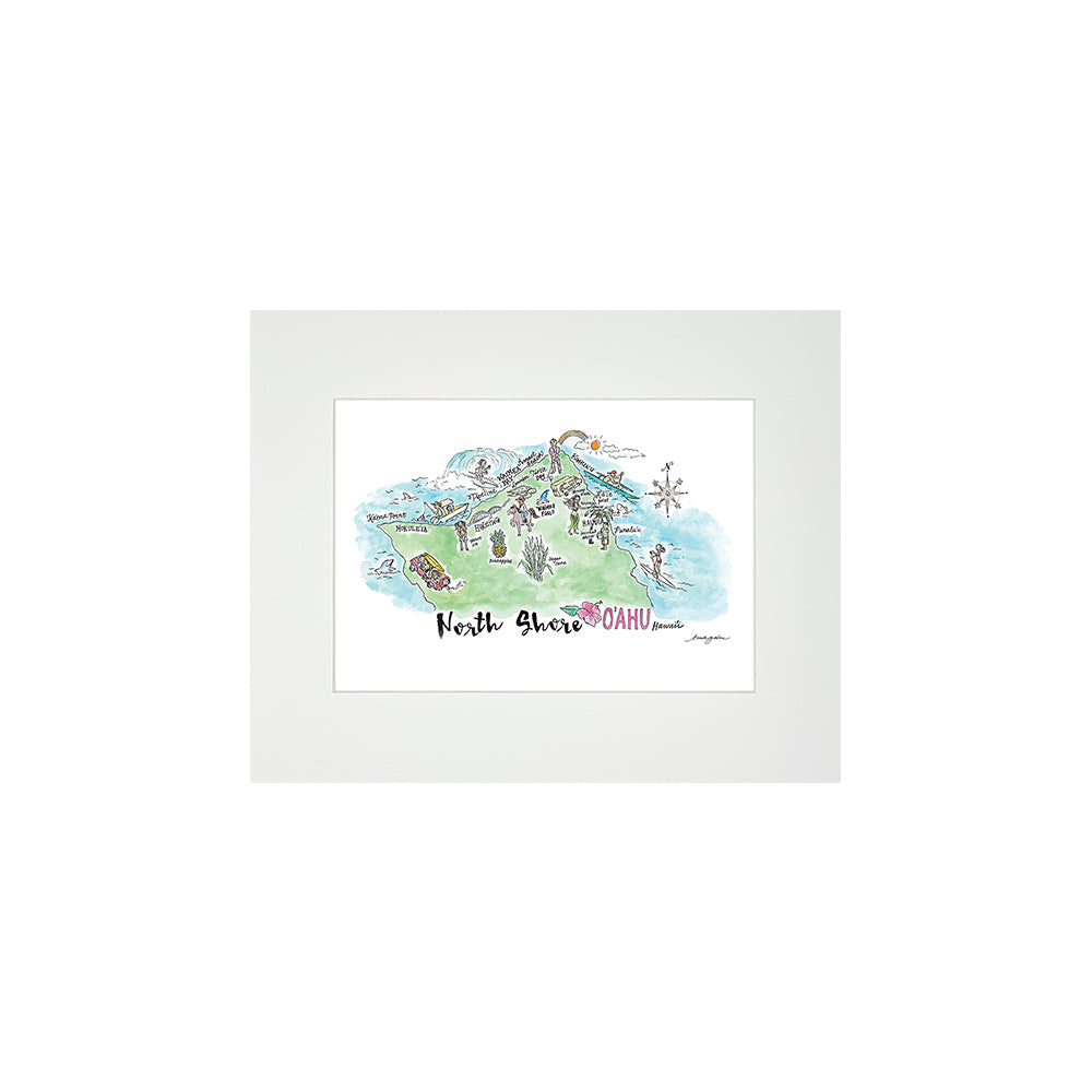 NORTH SHORE WATERCOLOR MAP MATTED PRINT