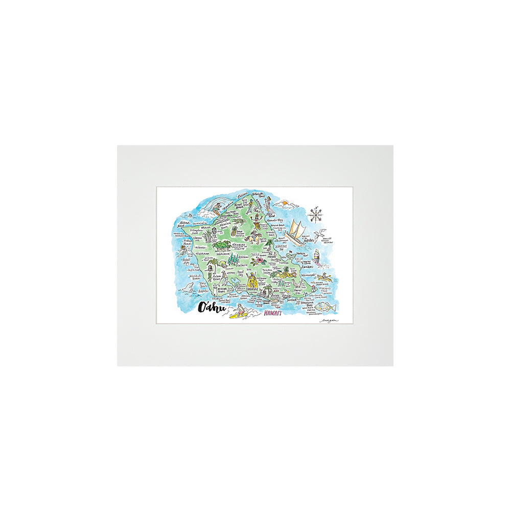 OAHU WATERCOLOR MAP MATTED PRINT